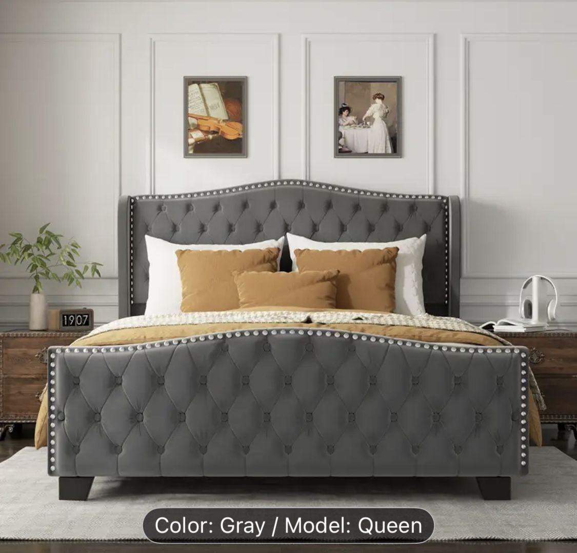 Gray Queen Size Velvet Bed Frame. New In Original Box