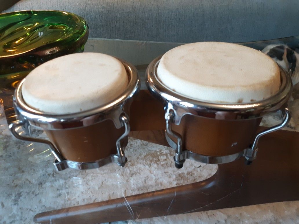Mini Bongo Drums Wood Metal Animal Skin Musical Instrument