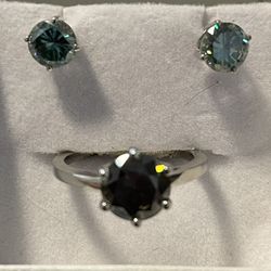 Genuine Blue Diamond Set Earrings 2.11 TCW  RING 3.0 TCW IN FINE STERLING SILVER .925 