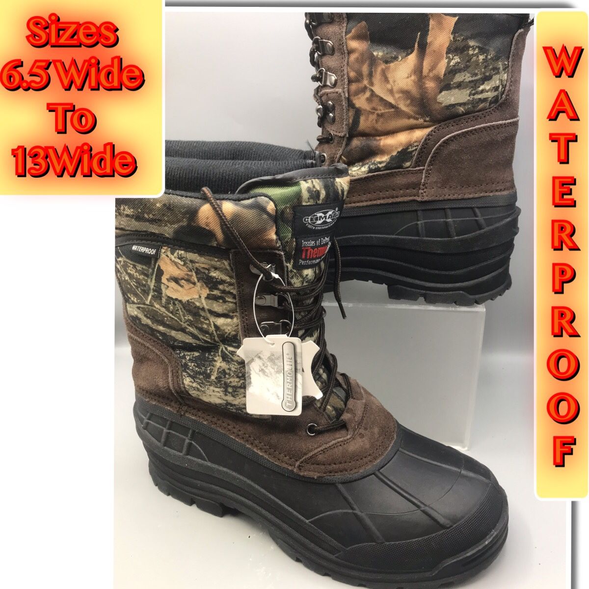 Brand New Mens Camouflage Hunting, Rain, Snow, & Winter 10" Waterproof, Leather Synthetic upper, Thinsulate boot With removable insert.