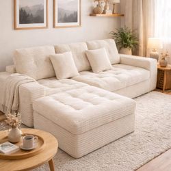 105 in. Square Arms 3-Piece Faux Rabbit Fur Fabric Modular Compressed Sectional Sofa in. Cream White with Ottoman
