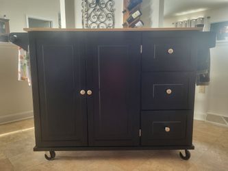 Rolling Kitchen Island with Butcher Block Top and Two Faux Leather Stools