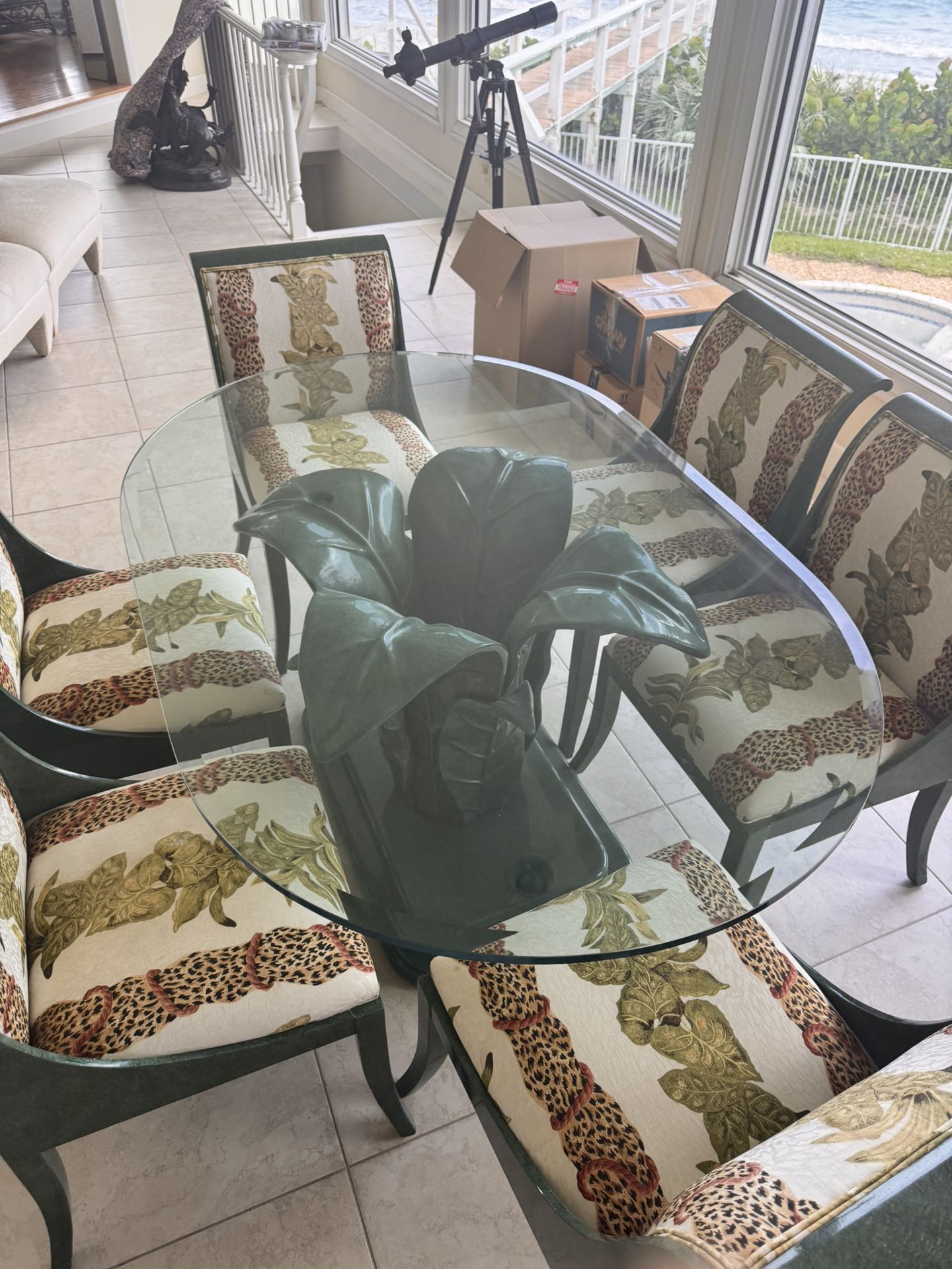 Oval Glass Top Table On Lotus Base With 6 Chairs