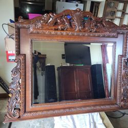 Large, Ornate, Cherry Wood Mantle/Dresser Mirror Approx. 66" × 52"