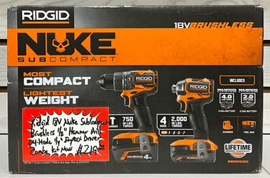Ridgid 18V Nuke SubCompact Brushless 1/2” Hammer Drill & 4-Mode 1/4” Impact Driver Combo Kit New