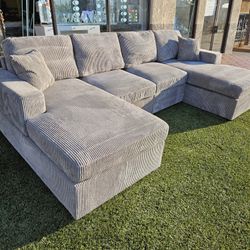 Super Deal Sectional Doble Chaise Light Grey Corduroy Fabric $489