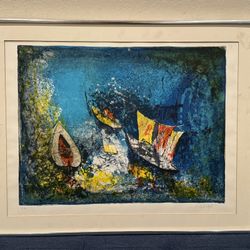 HOI LEBADANG (1(contact info removed)) Blue Abstract w/ Boats - Rare Artist's Proof Lithograph