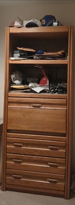 Oak Shelves & Storage. Roughly 7 ft tall x 4ft. wide