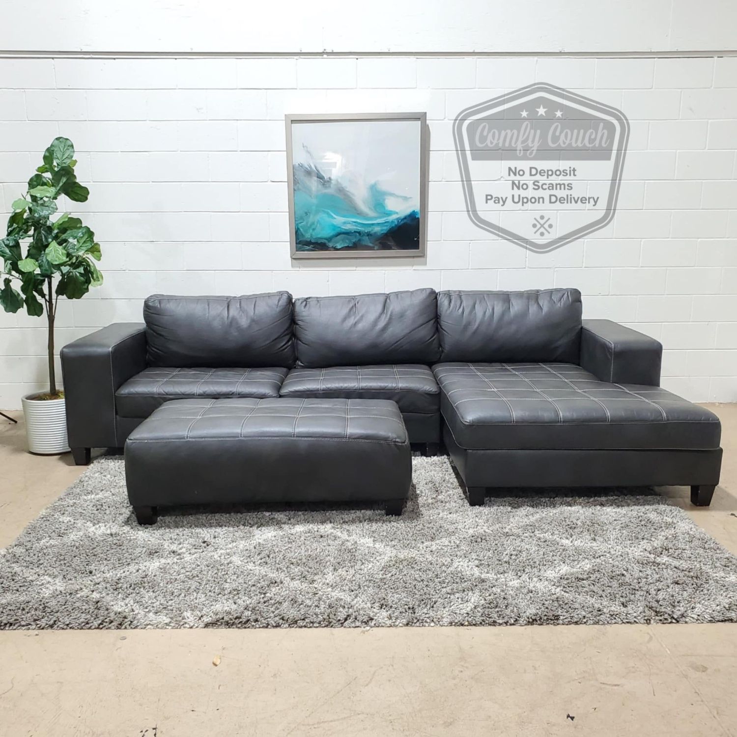 ๐๏ธGray Faux Leather Sectional Sofa w/ Ottoman(Delivery Available!! )
