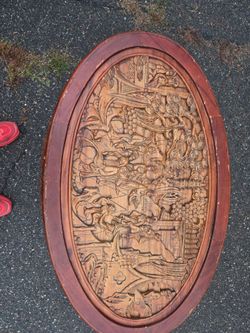 Large Oval Hand-Carved Wood Wall Plaque
