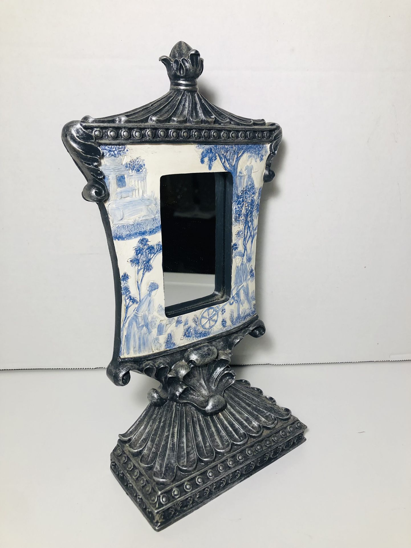 Vintage Standing Mirror- Pewter with Blue & White Country French Scene