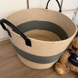 Large Cotton Rope Storage Basket with Leather Handles (Like New)