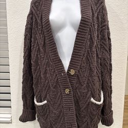 FREE PEOPLE Montana Cable Knit Cardigan Cozy Brown Sweater Oversized Sz Small