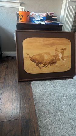 Framed Buffalo Hunt Wood Burning Art