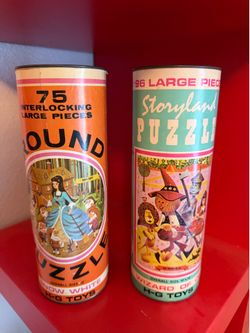 Vintage H-G Toys Storyland Puzzle Tubes – Snow White & Wizard of Oz – 1960s Collectibles