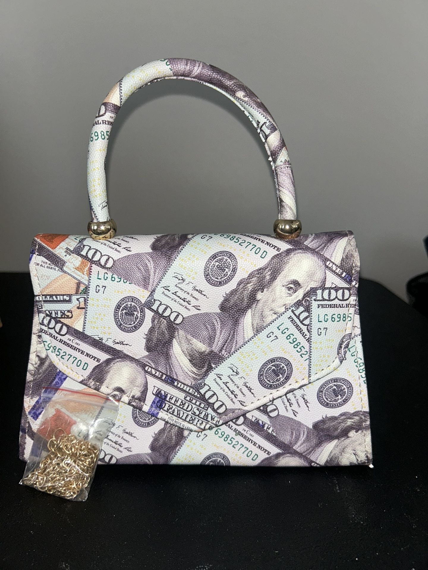 Money Designed Hand Bag With Detachable Crossbody Chain