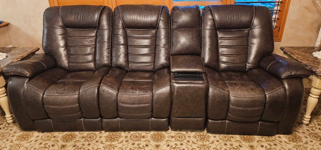 Burgundy/Brown Powered Leather Couch and Love Seats for Sale