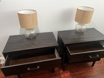 Pair of Dark Wood Nightstands + Lamps