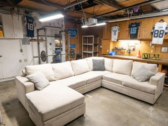 Free Delivery! Beige Tan Light Brown Sectional Couch Sofa Chaise Foot Rest Ottoman Living Spaces Pull Out Bed Mattress