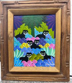 Jean Albert Bernard "Six Panthers" Original Haitian Folk Art Painting Framed