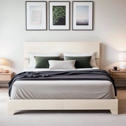 Queen Size White Leather Upholstered Bed Frame with Adjustable Headboard, No Box Spring Needed, Low