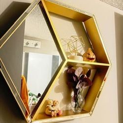 Modern Gold Hexagon Wall Shelf with Mirror