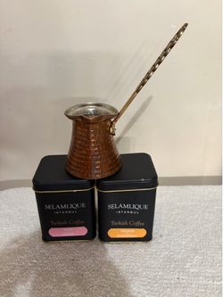 Turkish Coffee Pot With 2 Selamlique Turkish Coffee  4.40 oz. Rose & Orange