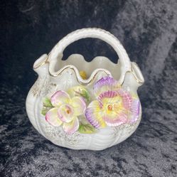 Vintage Porcelain Porcelain Basket Golden Pink Floral Deco 3.5” X 4”.