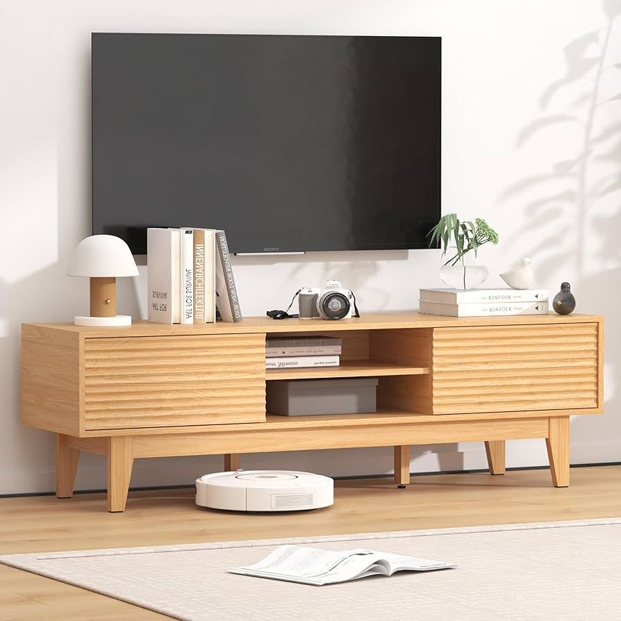 Wooden Fluted TV Stand for 55 65 70 inch TV, Long & Large TV Media Console Table with Storage Cabinets, Boho Farmhouse Entertainment Center for Living