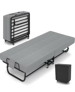 #A  75” × 31” Portable Folding Bed Color: Gray Memory Foam Mattress • Wheels • Metal Frame • Foldable  Price: $50