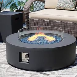 42 in. Round Iron Outdoor Fire Pit Table with Tank Cover, Lid, Wind Guard and Rain Cover in Dark Gray
