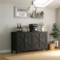 Cabinet With 4 Doors & 4 Open Shelves - Freestanding Sideboard Storage Cabinet (Black/Brown)