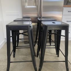 4x Black Metal Bar Stools - Backless Metal Barstools Indoor-Outdoor Counter Height Stools