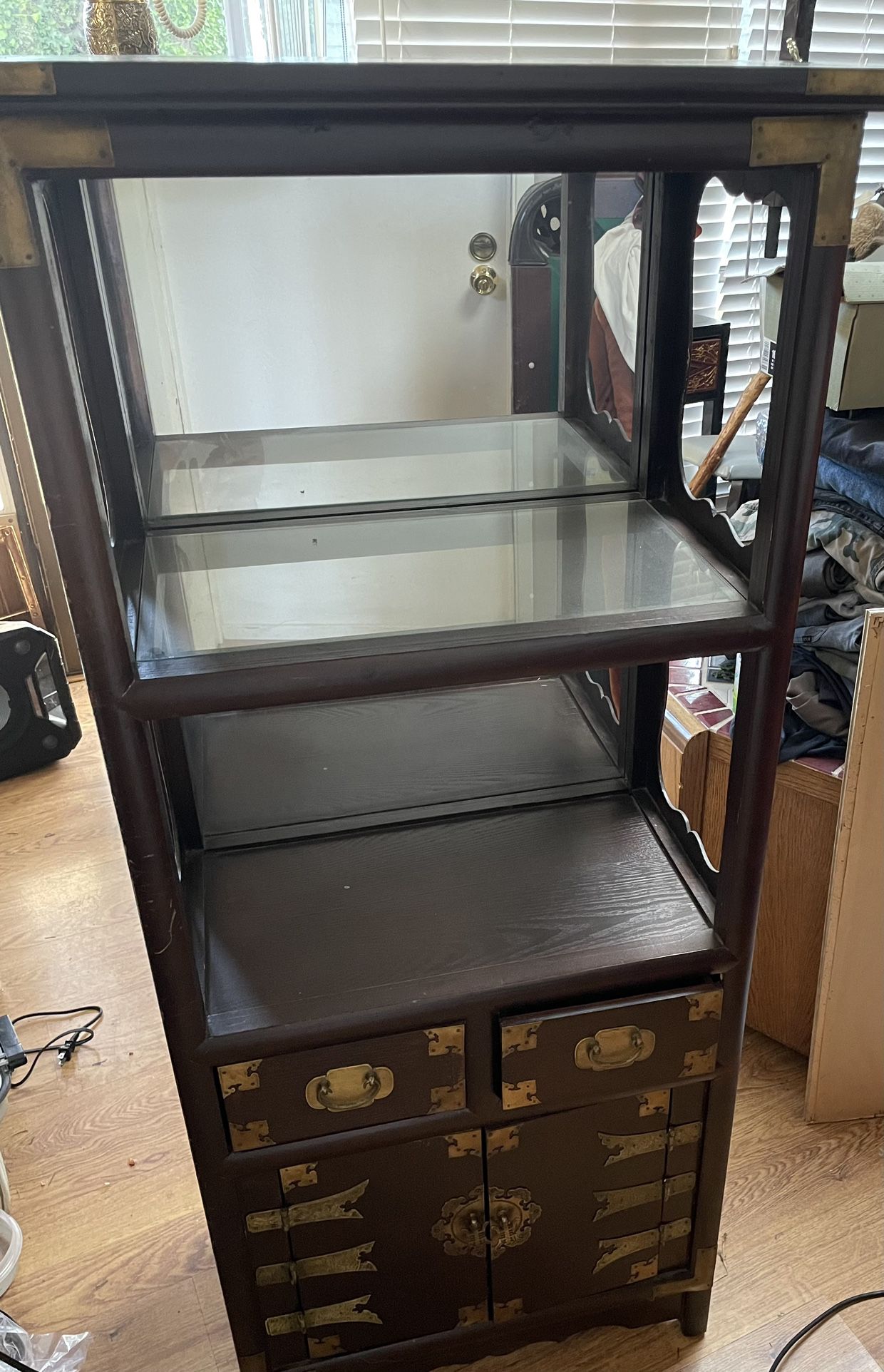 Asian Antique Cabinet With Decorative Metal Details And Mirror. 