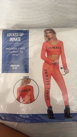 Female LOCKED UP INMATE Halloween Costume Prisoner Women’s adult Medium (8-10) Orange color, 2pc set, includes top and pants. Made china, modern hero,