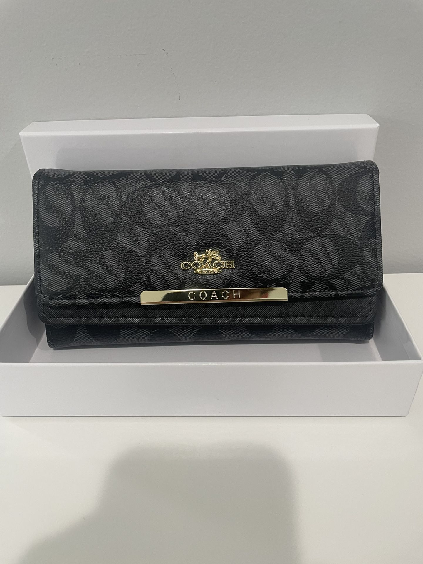 Coach Signature Black Canvas Wallet with Gold Bar Logo