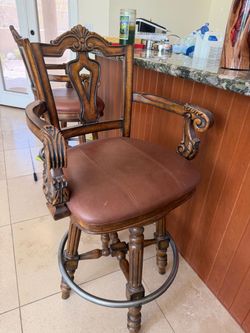 Set of Five Ornate Wood Swivel Bar Stool with Arms