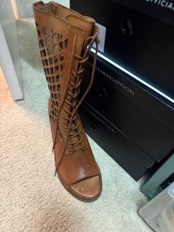 Tall Brown Leather Lace-Up Cutout Boot