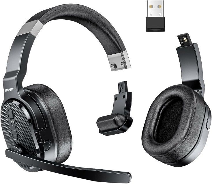 TECKNET Bluetooth Trucker Headset, Single and Dual Ear Wireless Headset with Mic for Work Noise Cancelling, 50Hrs 3 EQ Music Modes Trucker Bluetooth