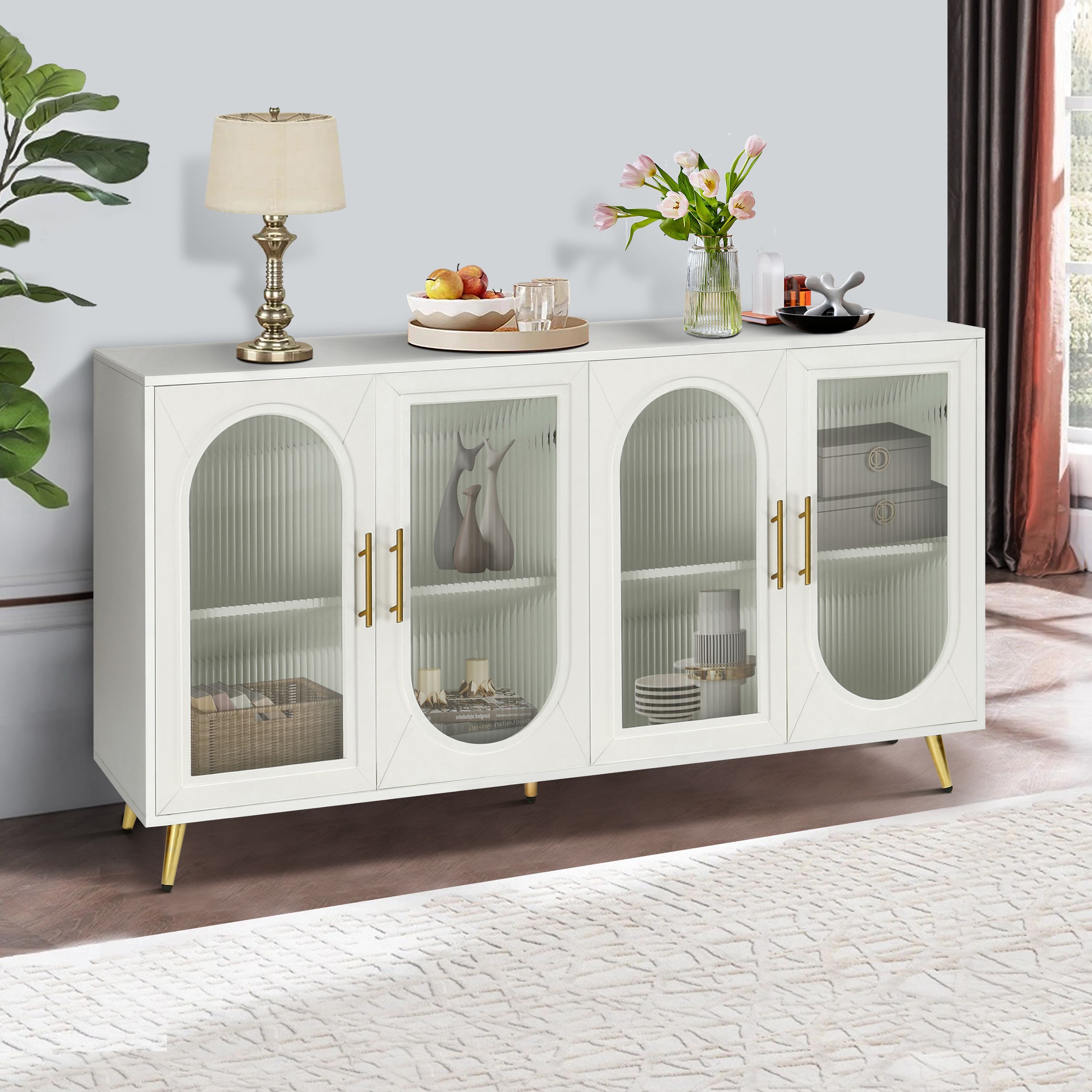 New TV Stand for 65+ Inch TV, Wood TV Stand with Storage Cabinet & Adjustable Shelves, Media TV Console for Living Room Bedroom (White)