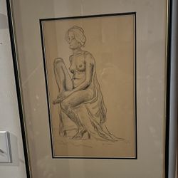 Vintage Female Unrobed Nude Art Drawing By J. Curtis