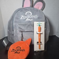 Rare Official Disney Promo Zootopia 2 Rabbit Ear BackPack , Coin Purse & Pen.