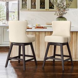Off-White 26.0-in H Counter height Upholstered Swivel Wood Bar Stool 2 -Pack