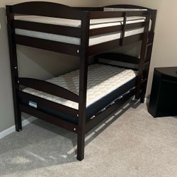 Wood Bunk bed With New Mattresses. Stickers Still On. 
