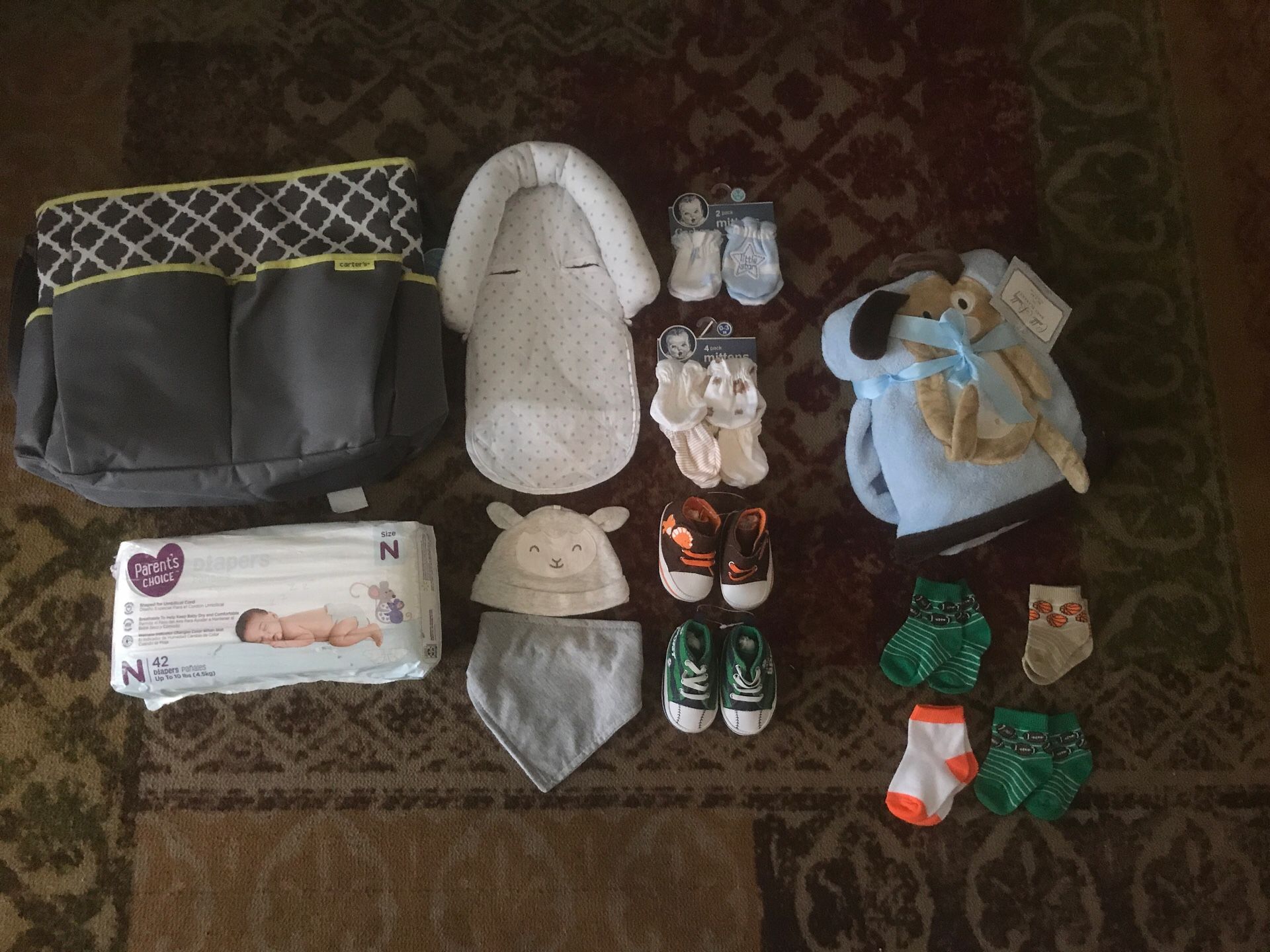 Newborn lot - diapers diaper bag shoes mittens socks - great gift Lot