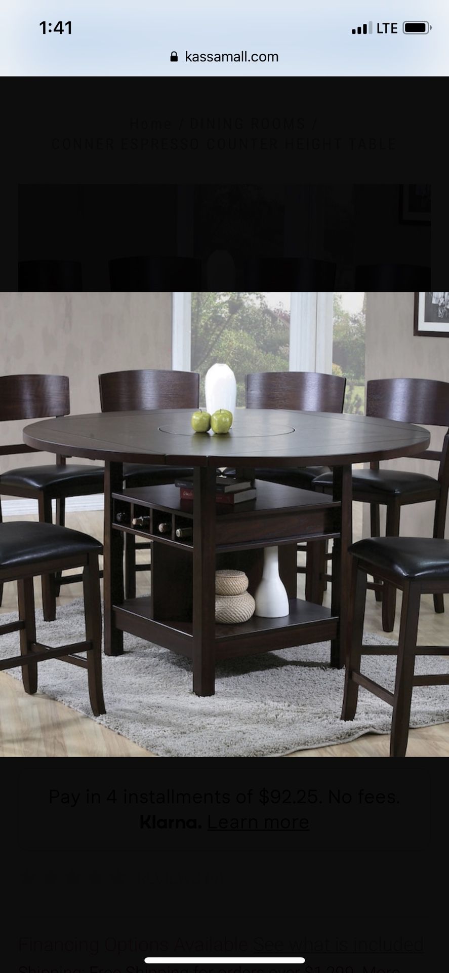 Conner Espresso Counter Height Table w/ Lazy Susan, 4 chairs