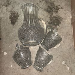 Vintage Crystal Pitcher Set with Cream and Sugar Container and Pourers
