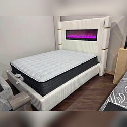 King Queen size bed frame with fireplace visuslization