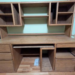 Solid Oak Two-piece Desk And Bookshelf Hutch. With Pull Out Keyboard Tray And Pull Out Printer Tray.