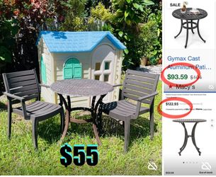 $55 Cast Aluminum Bistro table in good condition may need painted with 2 free arm chairs plastic